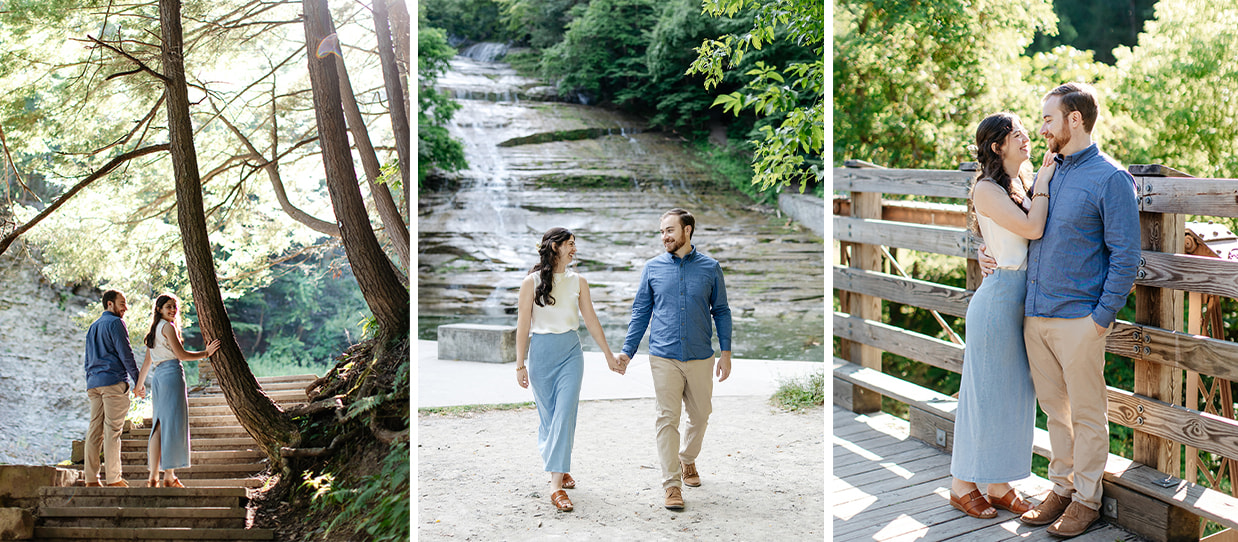 Couple holds hands and poses for engagement photos at Buttermilk Falls State Park in Ithaca NY
