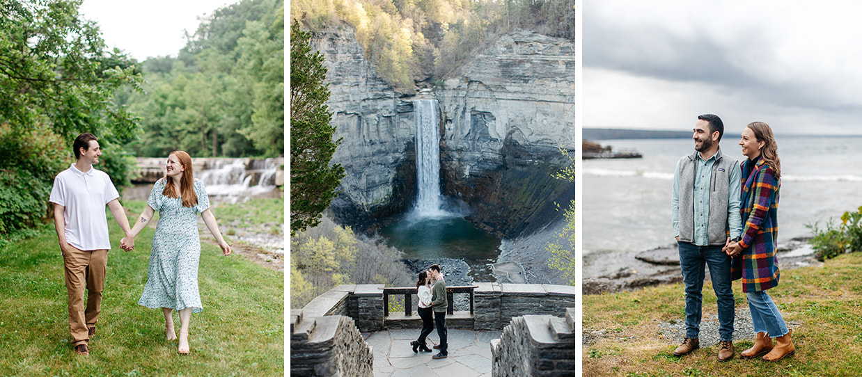 Couples pose for engagement photos while standing in front of Taughannock Falls in Trumansburg, NY