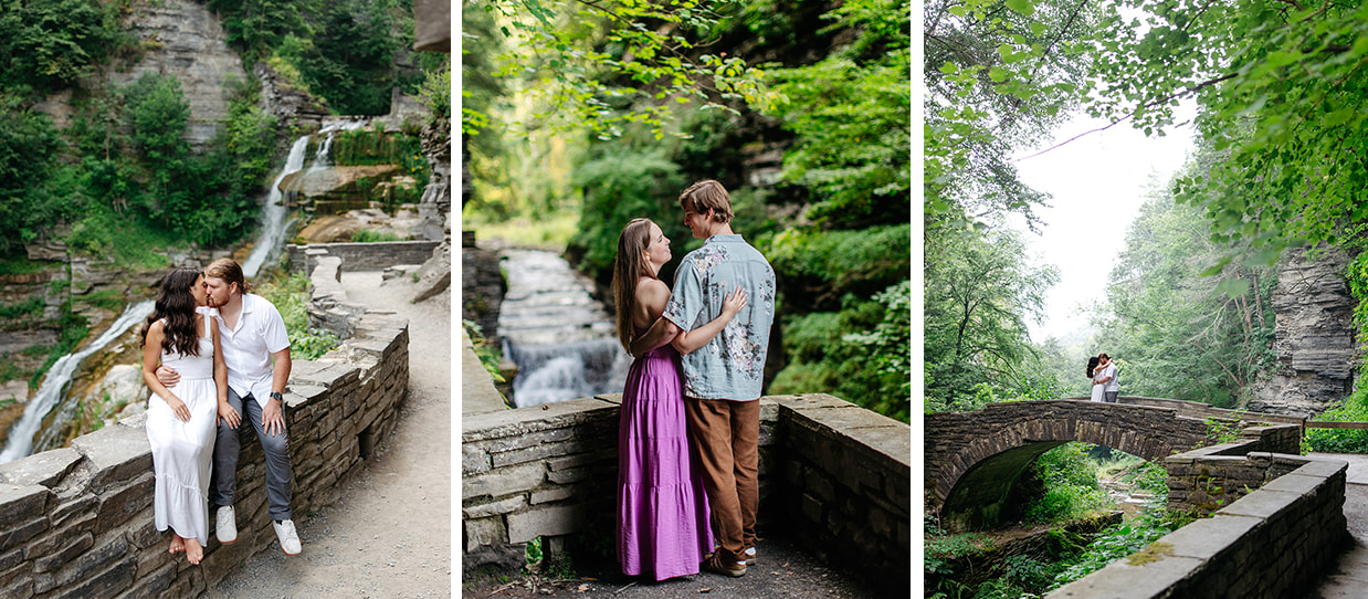 Couple stands on a stone bridge and trail in Robert H Treman State Park in Ithaca NY