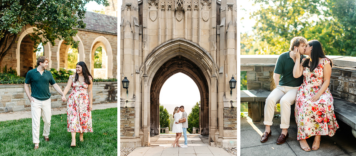 Couples hold hands and pose for engagement photos on the Cornell University campus in Ithaca NY