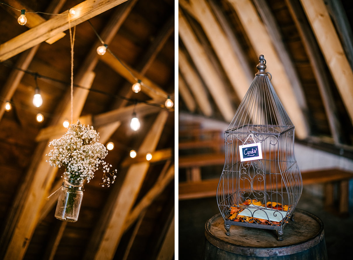 card box and babys breath vase in toolshed wedding ceremony site at Arlington Acres in Lafayette NY