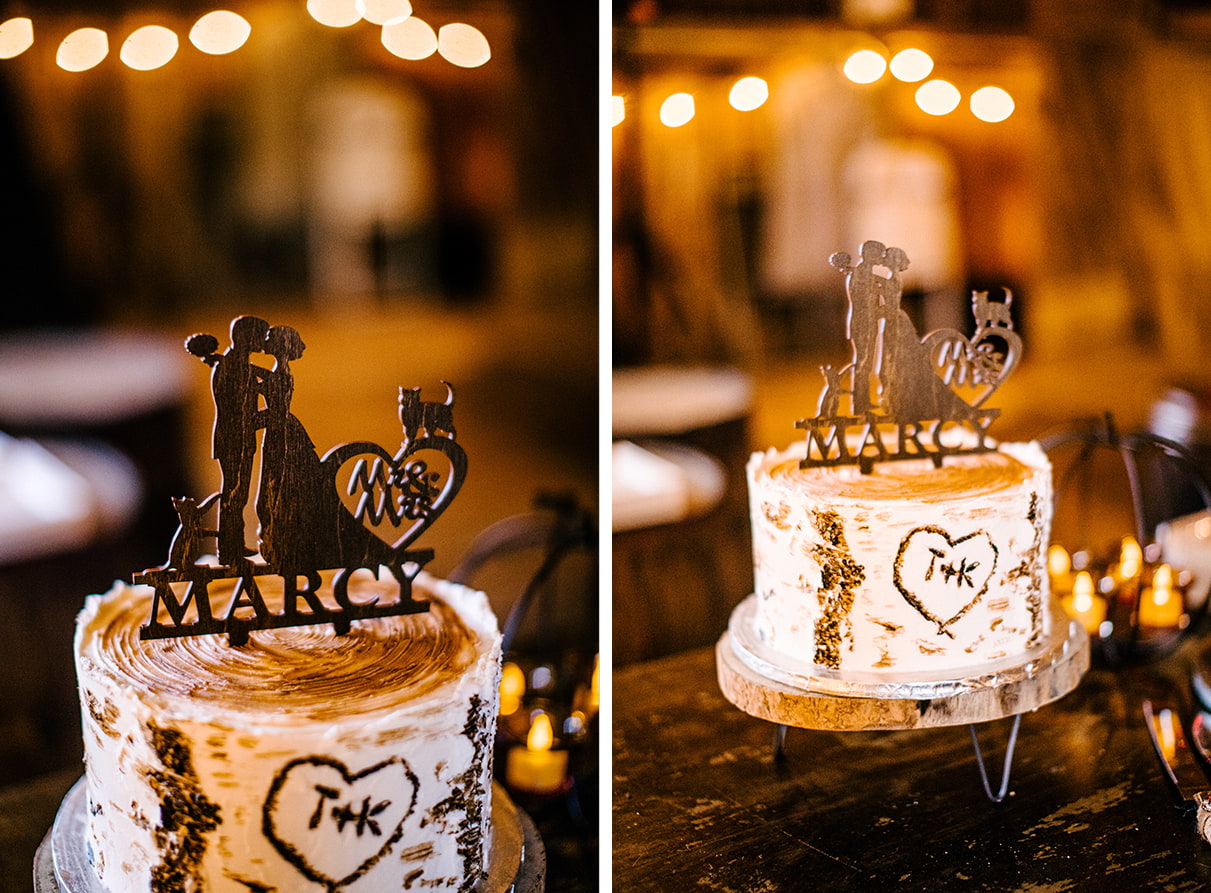 Wedding cake and cake topper with bride, groom, and cats at Arlington Acres in Lafayette NY