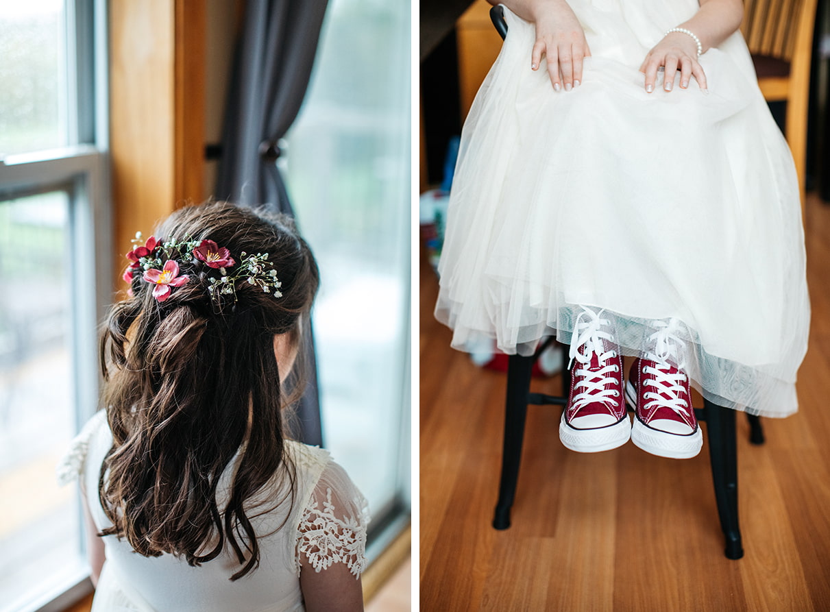 Flower girl's hair with flowers in it and flower girl's purple converse sneakers