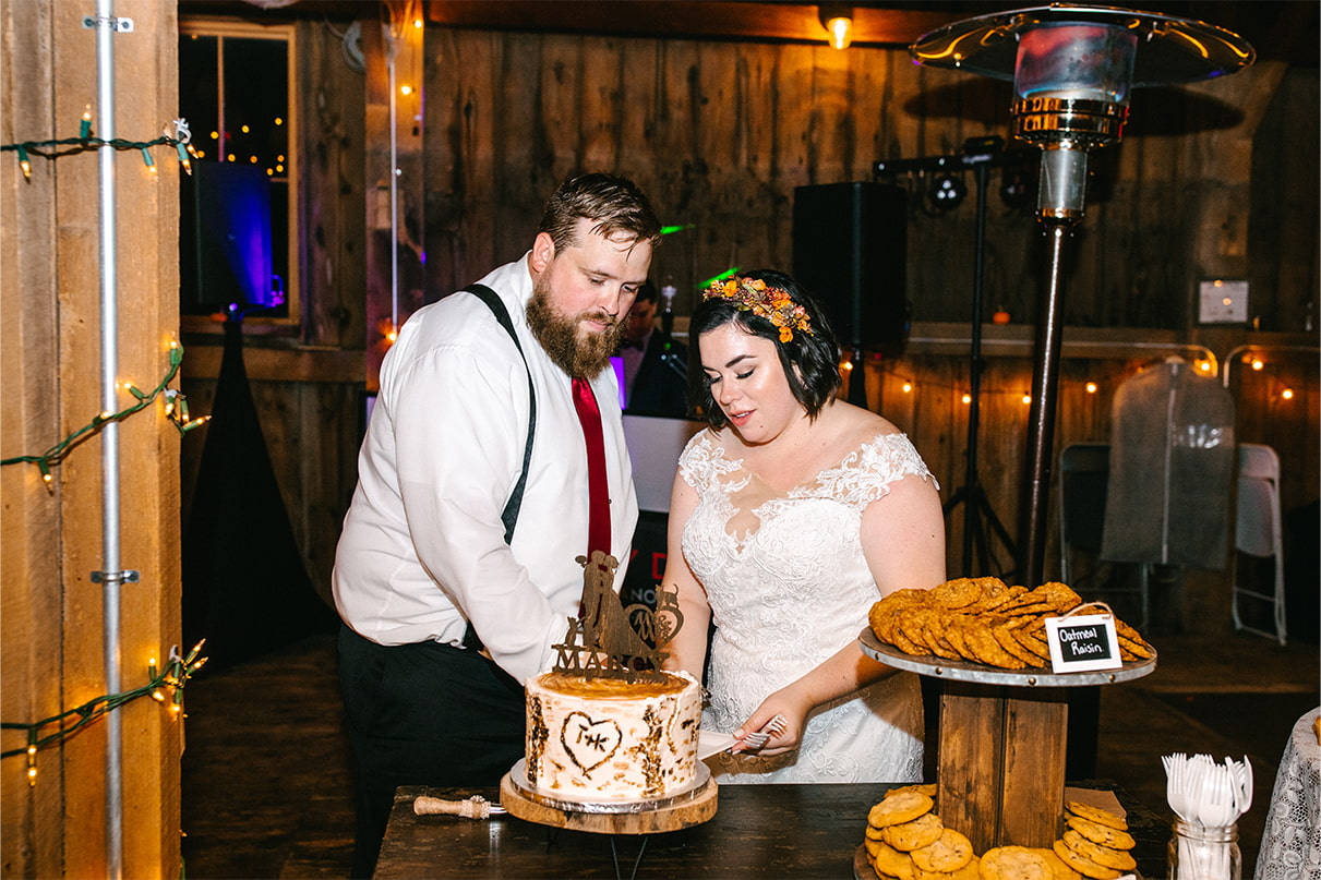 Bride and groom cut the cake during wedding reception in barn at Arlington Acres in Lafayette NY
