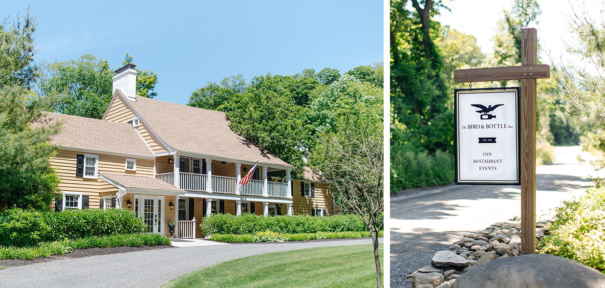 Exterior photo and welcome sign of Bird and Bottle Inn in Garrison NY 