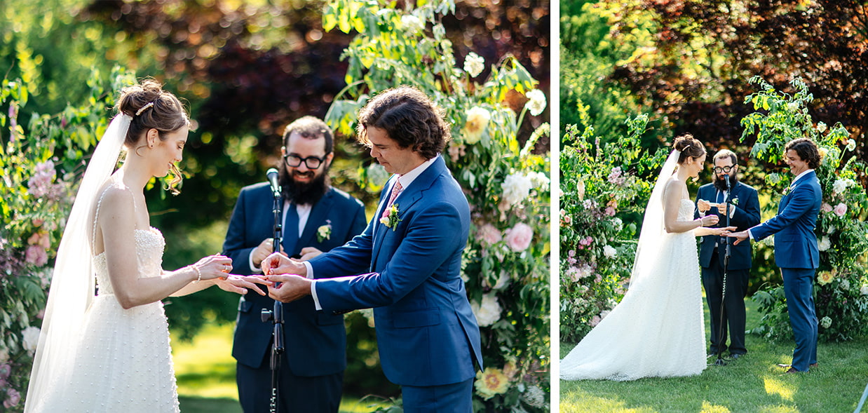 The bride and groom exchange rings during their wedding ceremony on the lawn at The Bird and Bottle Inn in Garrison, NY