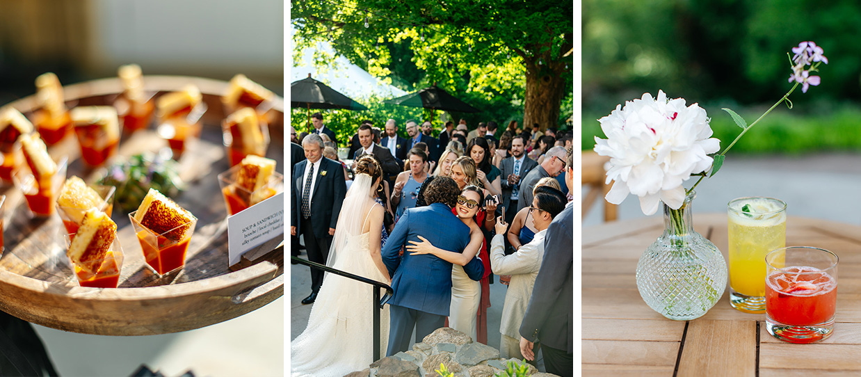 Bride and Groom hug their guests during cocktail hour with colorful drinks and passed hors d'oeuvres