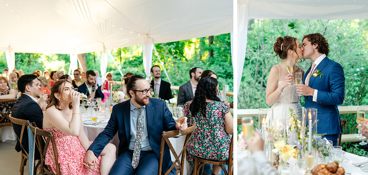 Bride and groom share a kiss while guests look on and smile