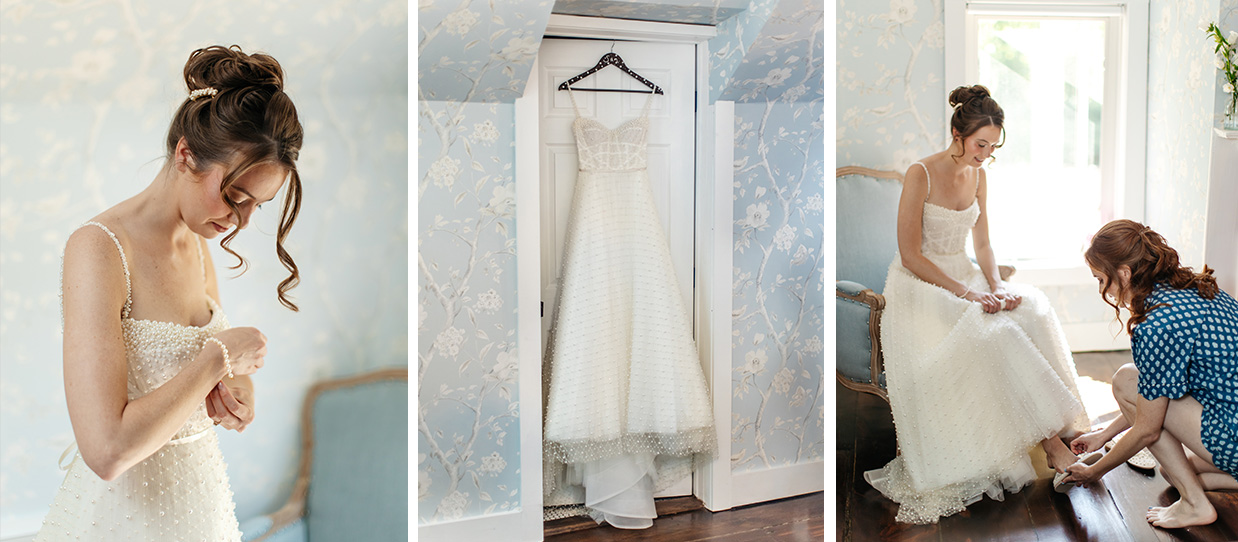 Bride getting ready in Emily Warren Room during her wedding at Bird and Bottle Inn in Garrison, NY