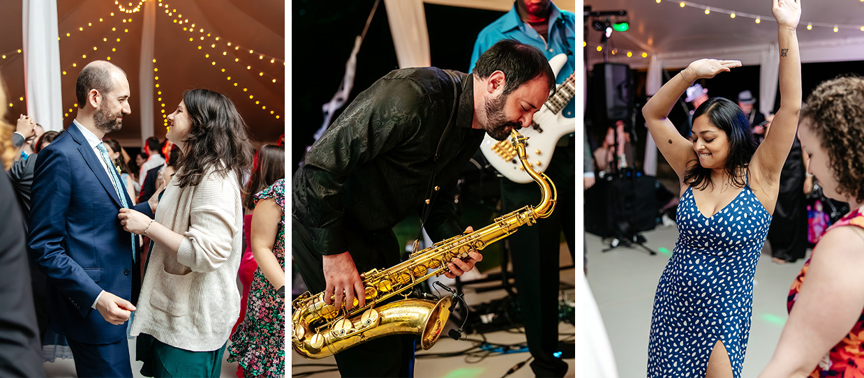 Guests dance while a band member plays a saxophone during wedding reception at The Bird and Bottle Inn in Garrison, NY