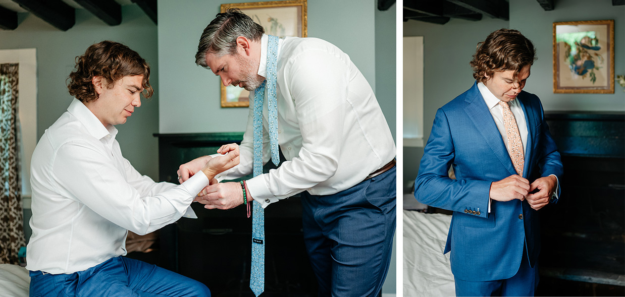 Groom getting ready for his wedding in The Cottage at The Bird and Bottle Inn in Garrison, NY