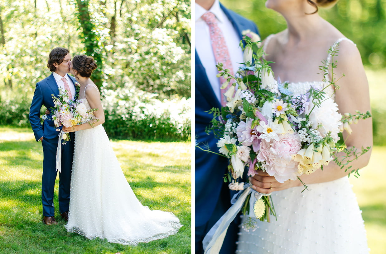 Bride and Groom kissing on the lawn of the Bird and Bottle Inn in Garrison, NY