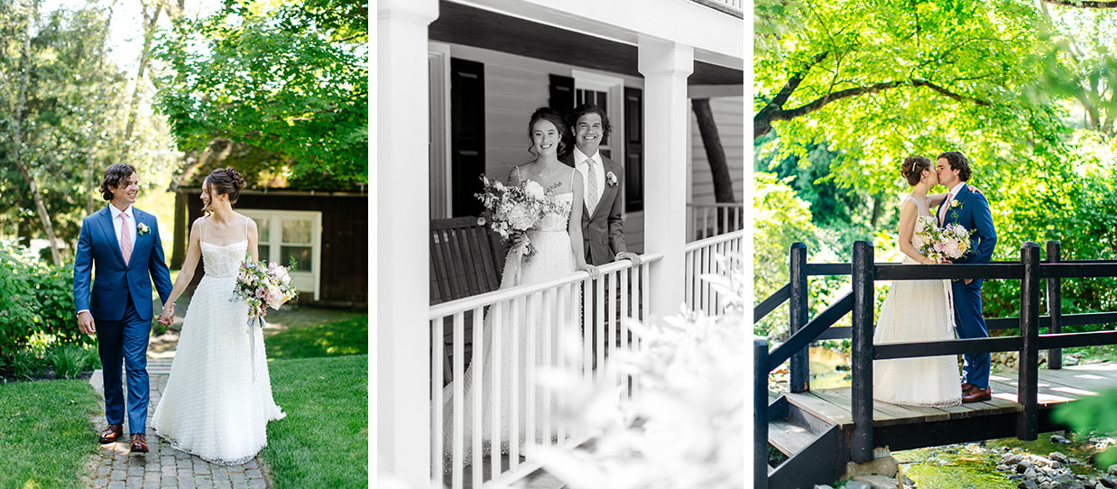 Bride and Groom walking down pathway, standing on the porch, and kissing on the bridge during wedding at Bird and Bottle Inn in Garrison, NY