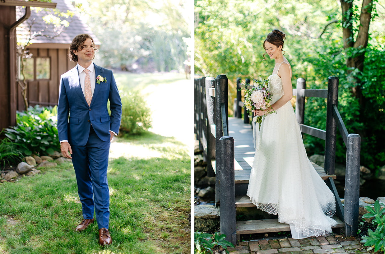 Portrait of Groom standing outside The Cottage and Bride standing on bridge before their wedding at Bird and Bottle Inn in Garrison NY