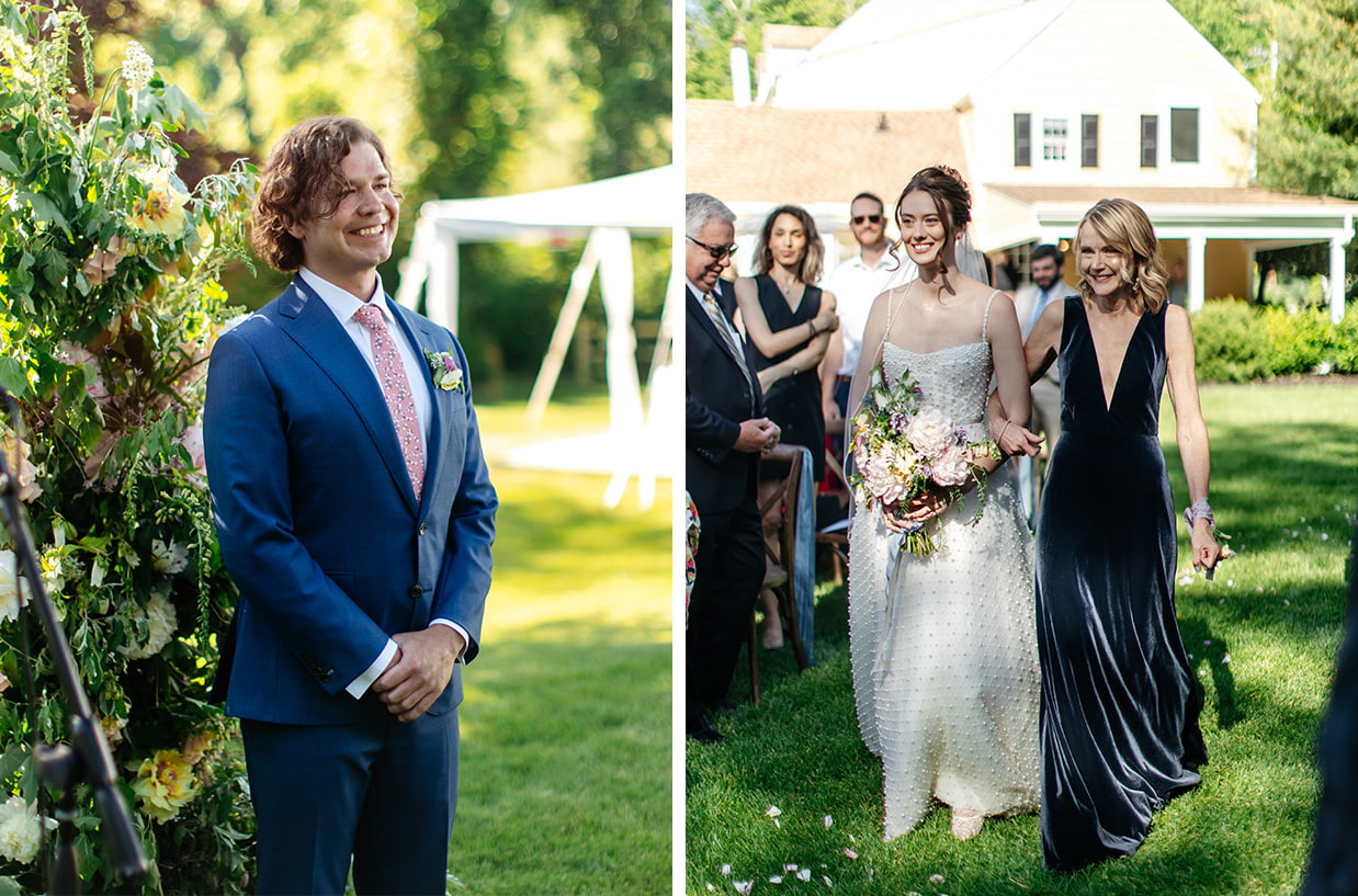 Bride walks down the aisle at The Bird and Bottle Inn in Garrison, NY while the groom smiles at her