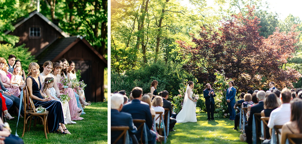 The bride and groom stand in front of their guests during their ceremony while guests watch