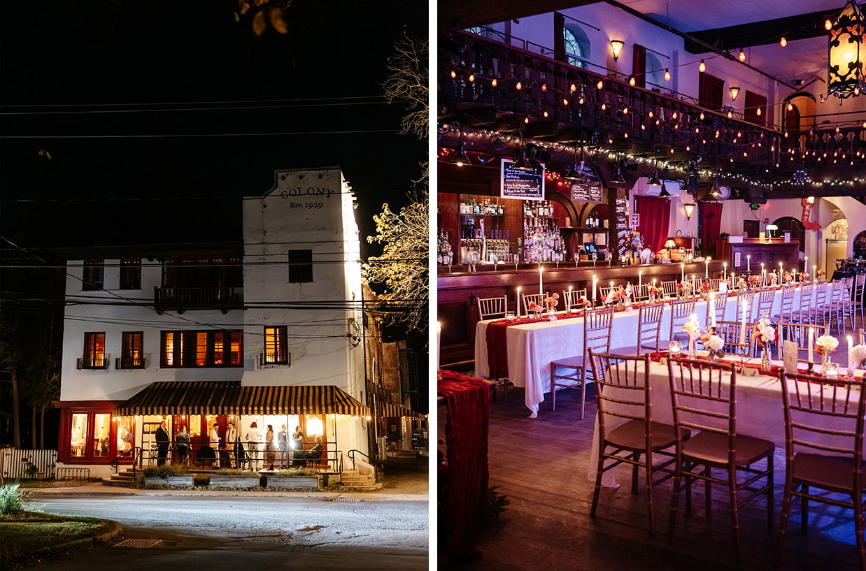 Exterior nighttime photo of Colony in Woodstock with interior photo of colony in Woodstock decorated for a wedding with flowers and candles