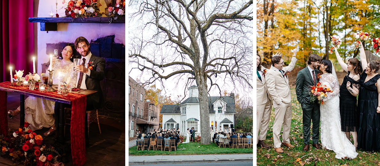 Bride and groom toasting, wedding ceremony, and wedding party cheering during Catskills wedding at Colony in Woodstock NY