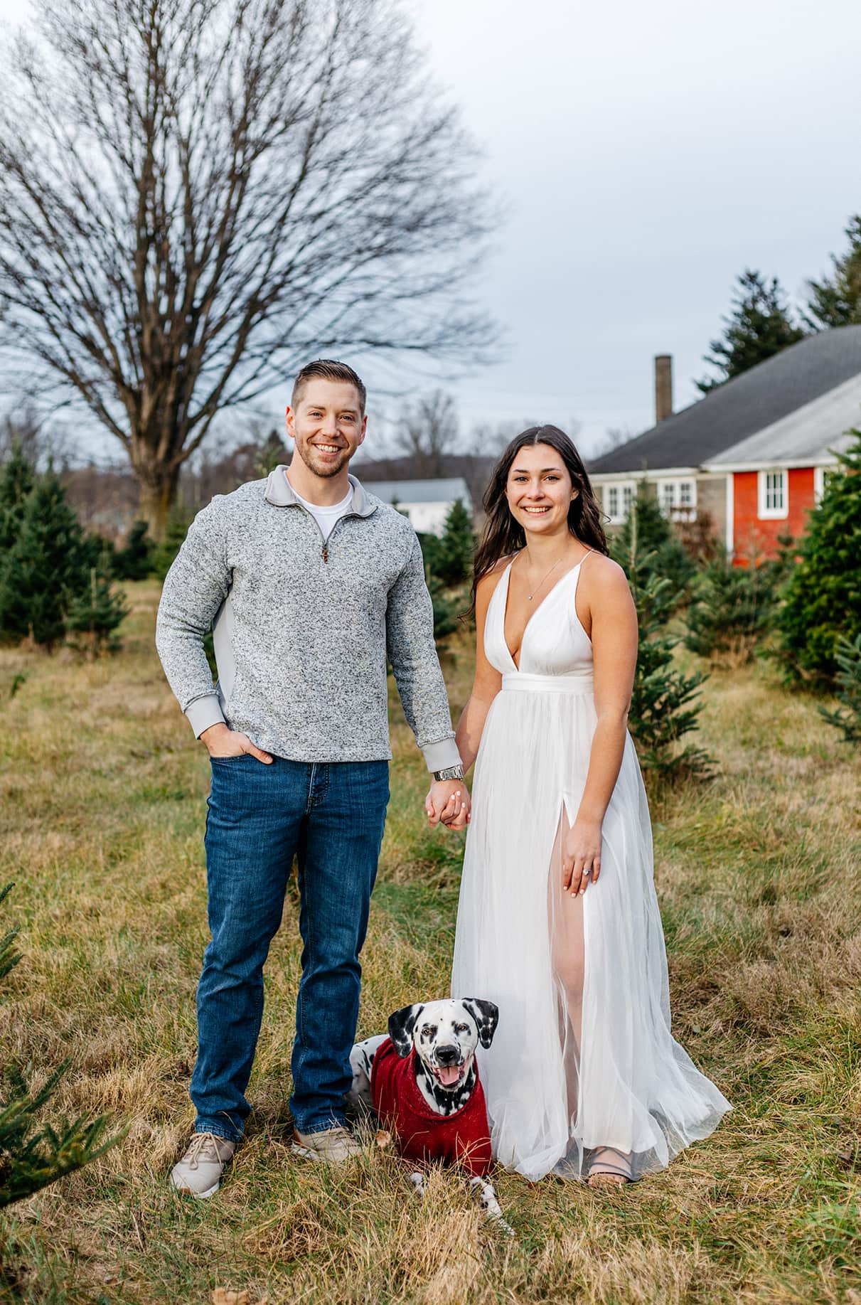 Couple smiles at camera with their Dalmatian puppy laying between them at Christmas Tree Farm in Bainbridge NY