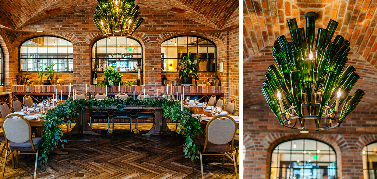 Coltivare Restaurant's Wine Cellar Room with brick walls decorated with garlands for wedding reception