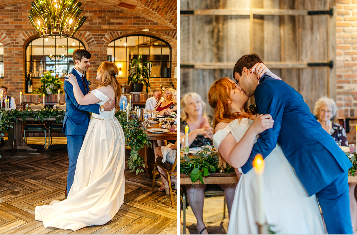 married couple has their first dance in Coltivare Restaurant's wine cellar