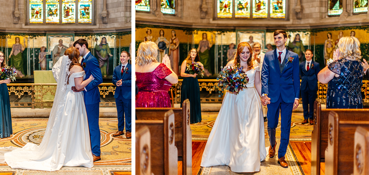 bride and groom share their first kiss and walk back up the aisle together smiling