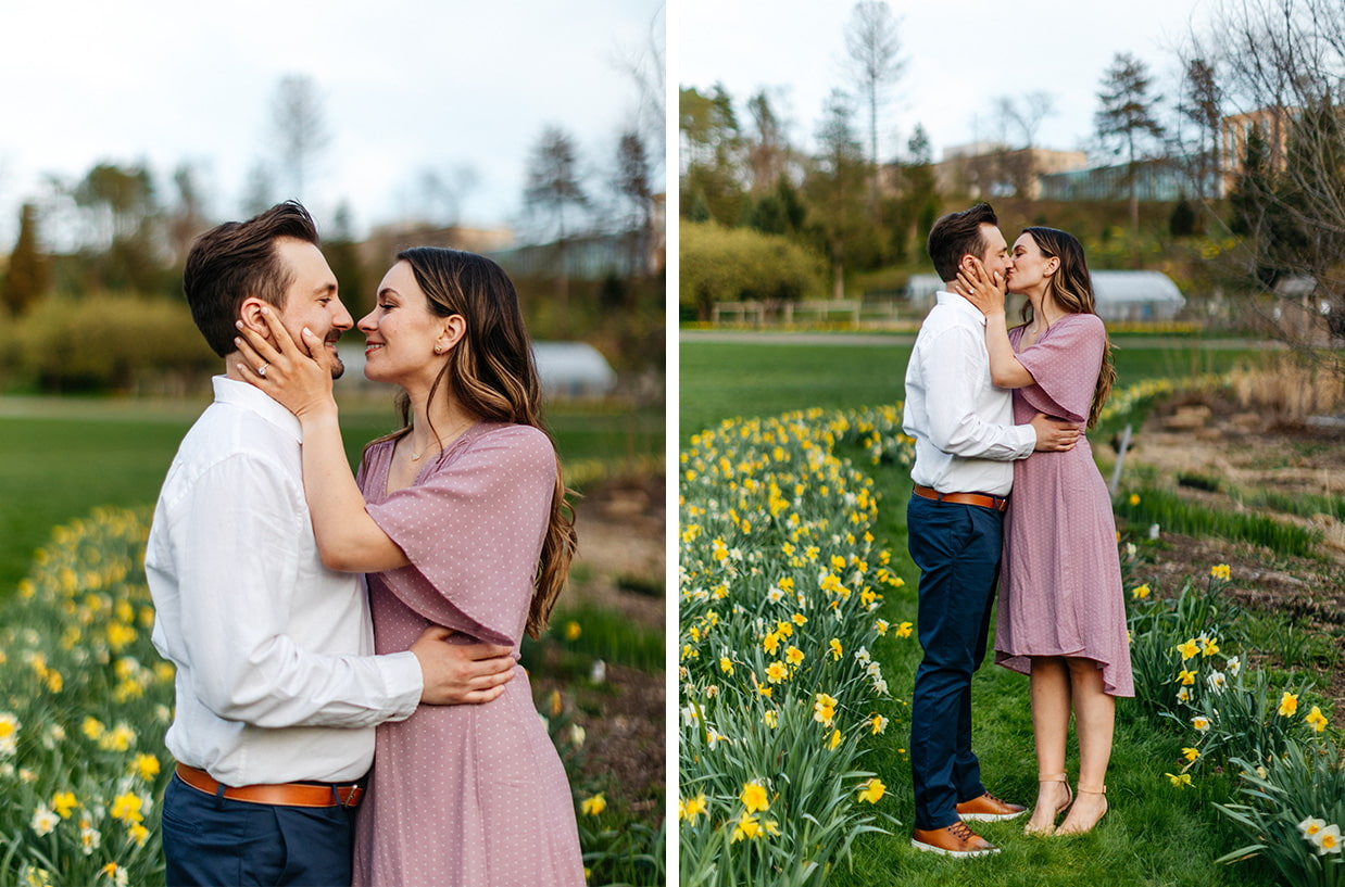 Couple in white button down shirt and lavender dress stands in field of daffodils