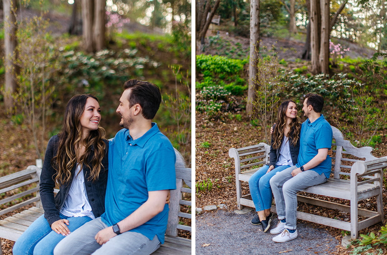 Couple smiling on a garden bench at Cornell Botanic Gardens in Ithaca NY