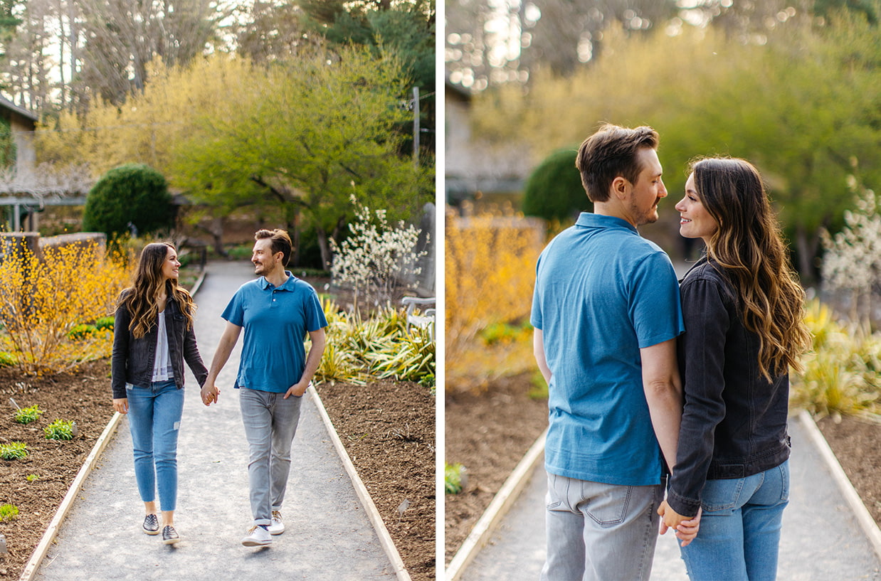 Couple walking down a garden bath during golden hour at Cornell Botanic Gardens in Ithaca NY