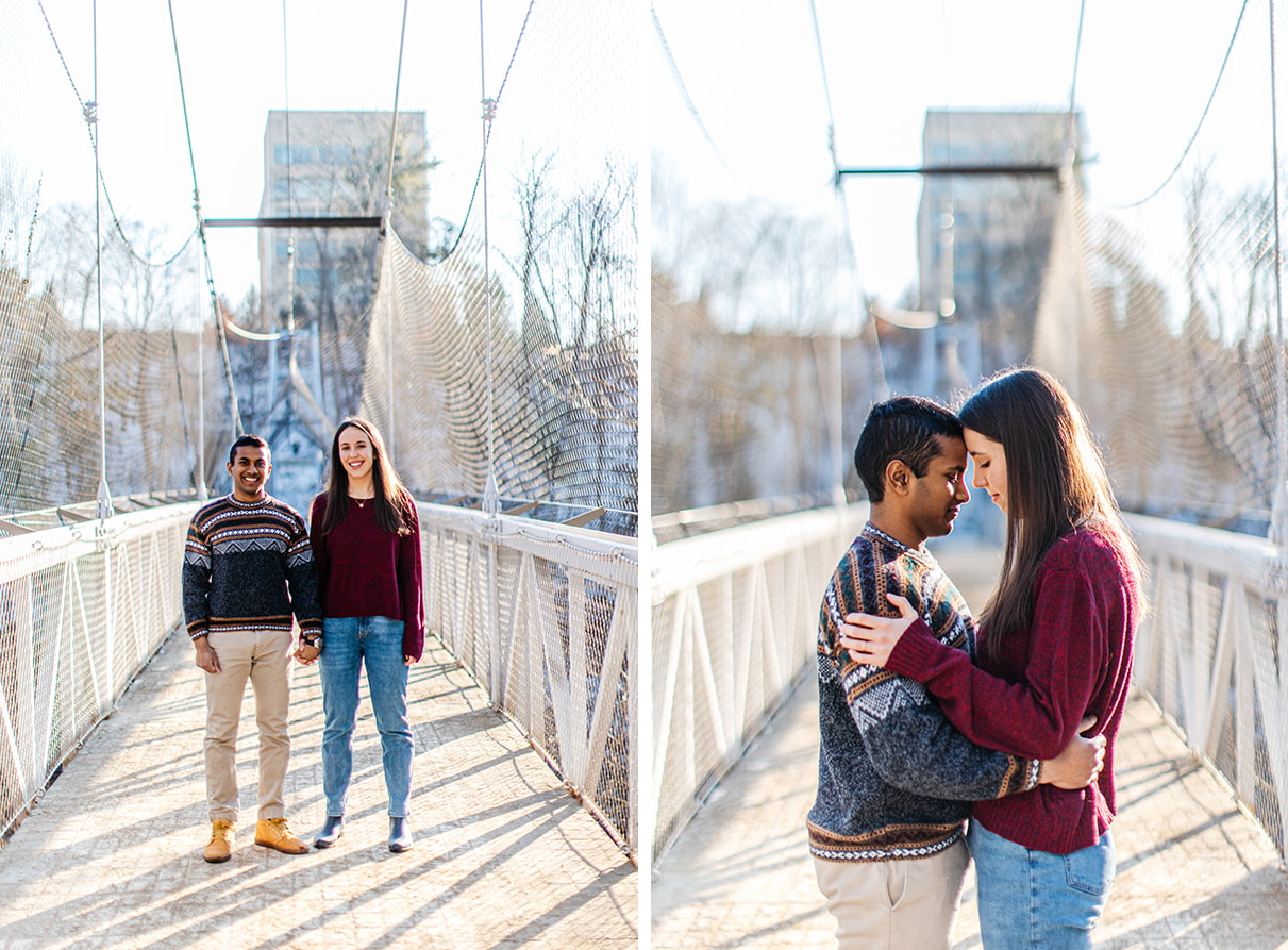 couple standing together, embracing, and holding hands on a suspension bridge on the Cornell University Campus in Ithaca, NY