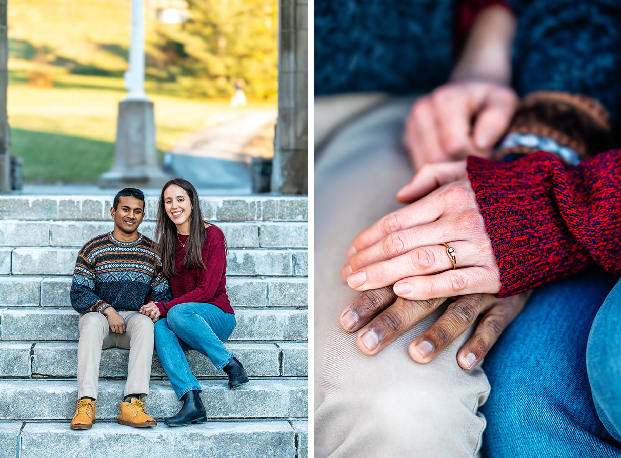Couple smiles and sits together on stairs of Cornell University War Memorial in Ithaca, NY