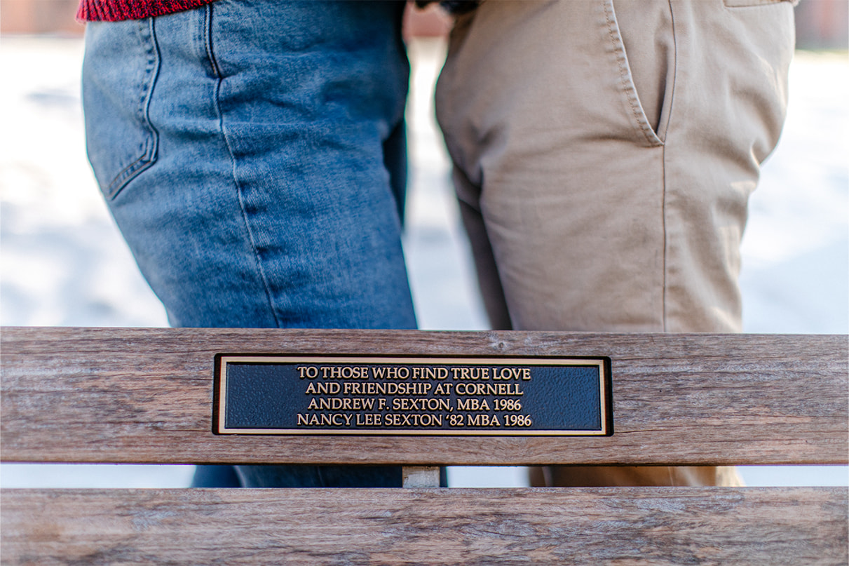 Plaque on a bench dedicated to students who have found love at Cornell University in Ithaca, NY