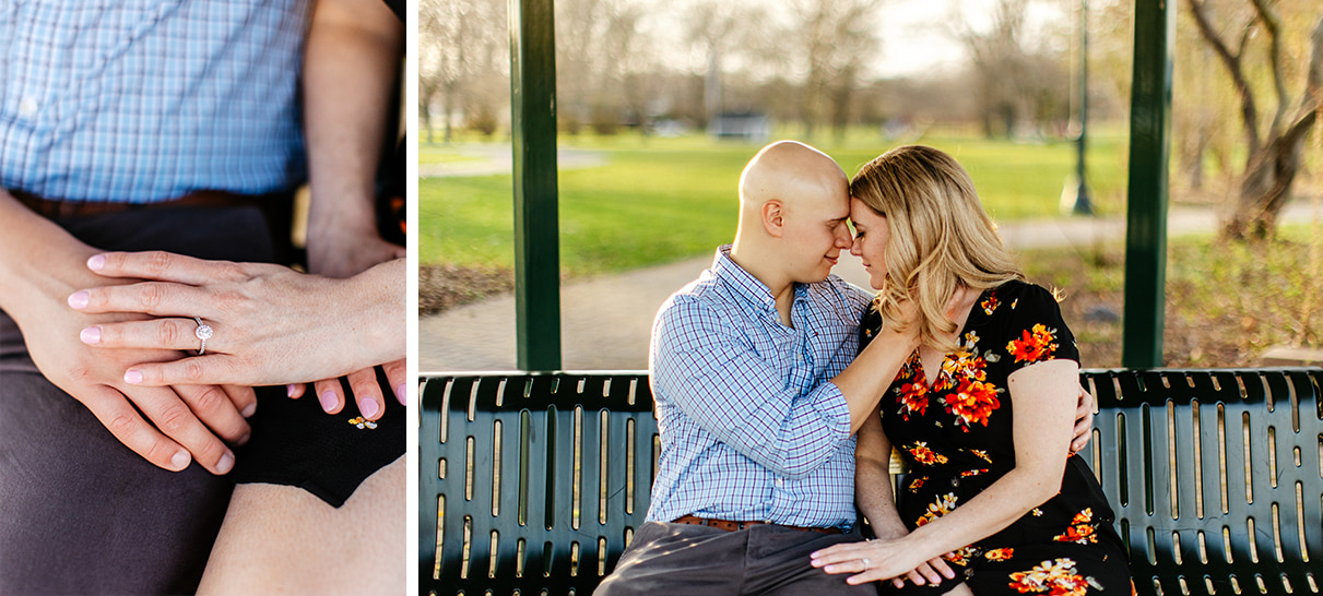 Woman shows off engagement ring and embraces fiance during engagement photos