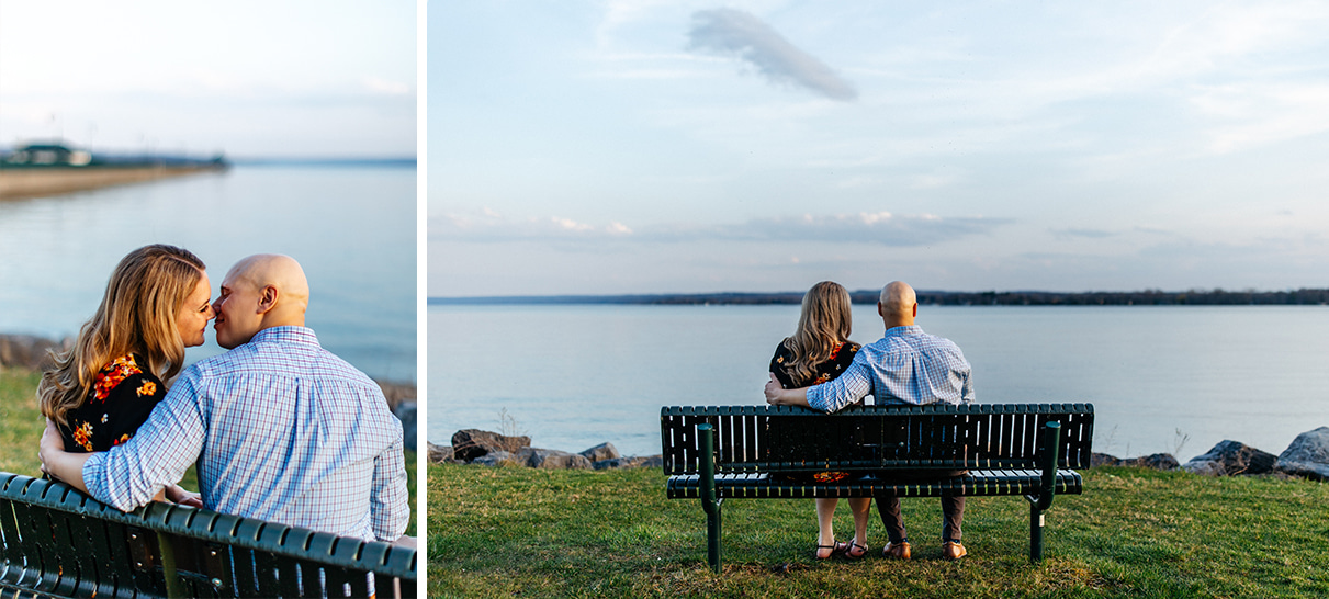 Couple sits on bench in front of Owasco lake in Auburn NY