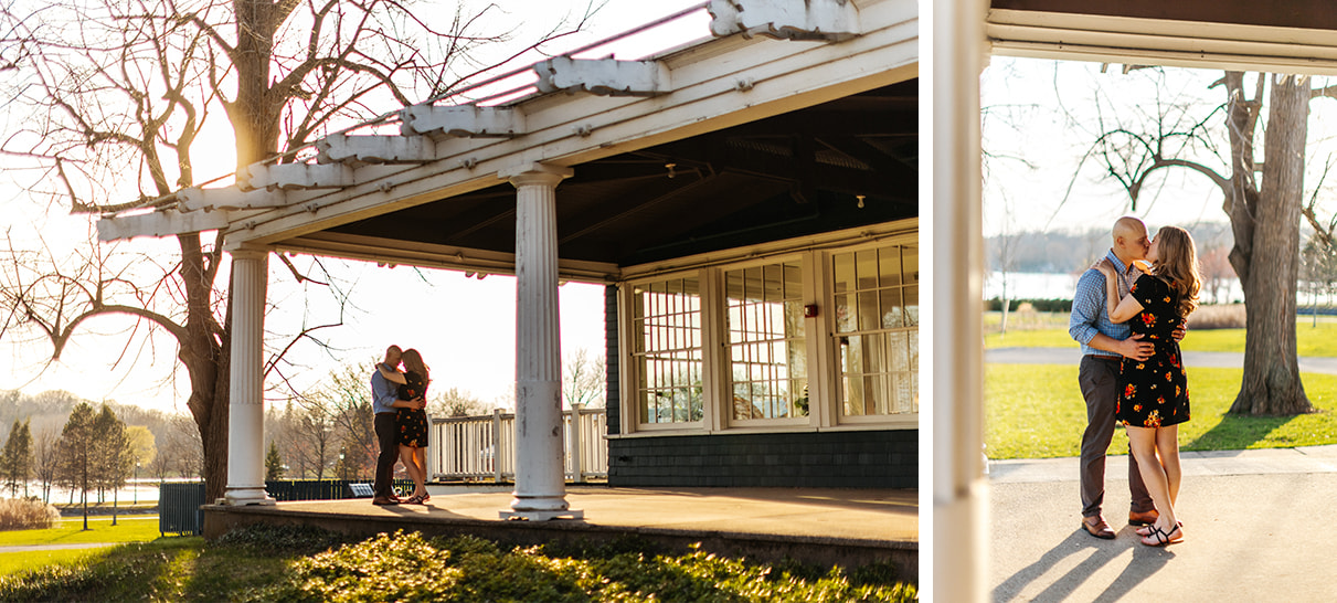 Couple embraces under Emerson Park Pavilion in Auburn NY