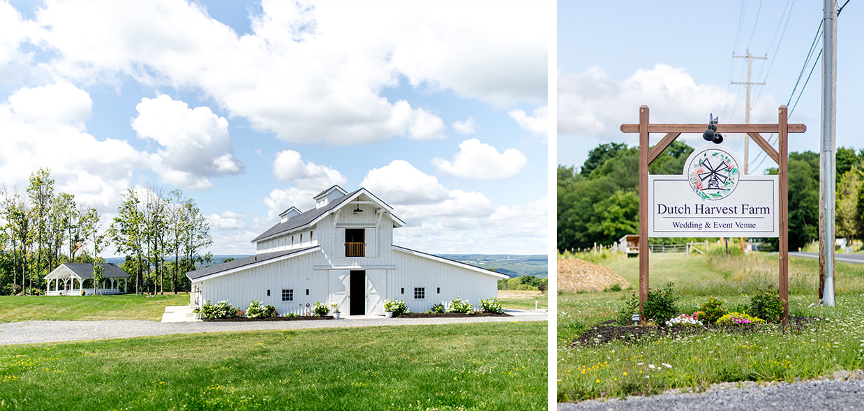 White wedding Barn and outdoor chapel against the rolling hills of the Finger Lakes Region in upstate NY