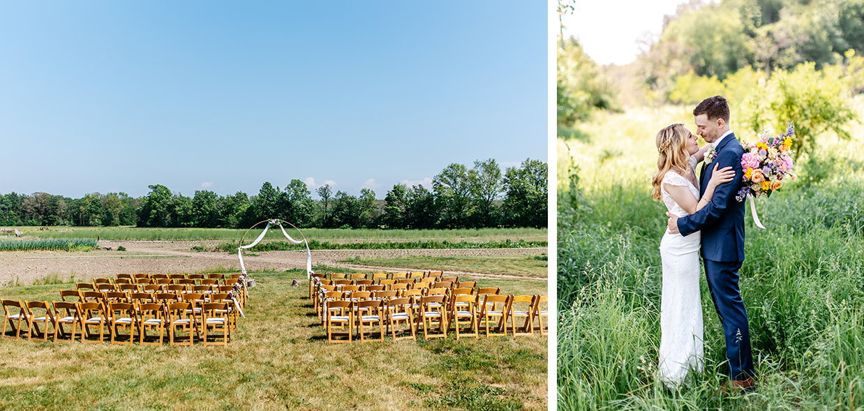 Outdoor wedding ceremony site setup in a farm field at Silver Queen Farm Barn Wedding Venue in the Finger Lakes