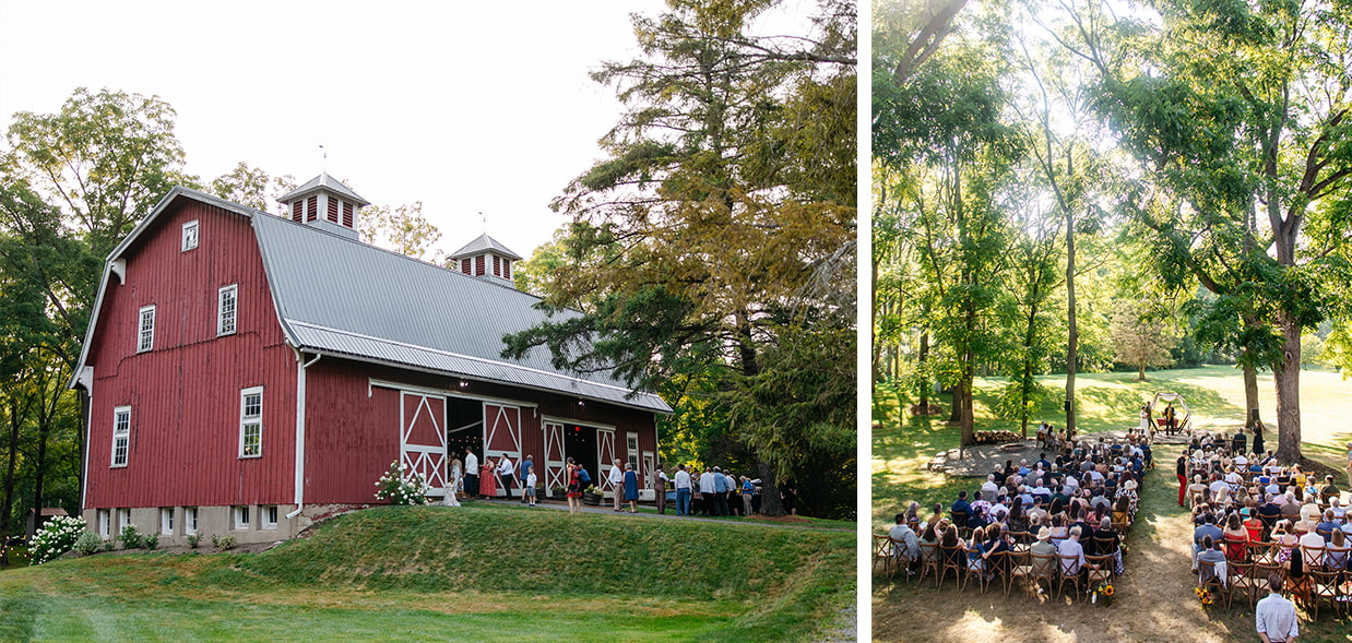 Exterior photo of the red barn at Stratton Creek Inn and birds eye view of shady ceremony space at Stratton Creek Inn in Newfield, NY