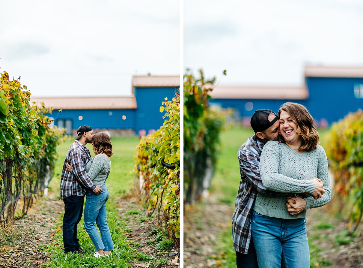 Couple kisses, laughs, and embraces in Finger Lakes vineyard at Bet the Farm Winery in Trumansburg NY
