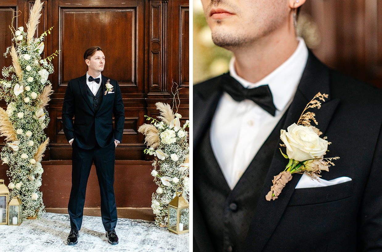 Groom stands next to Calla Lilly and pampas grass floral installation