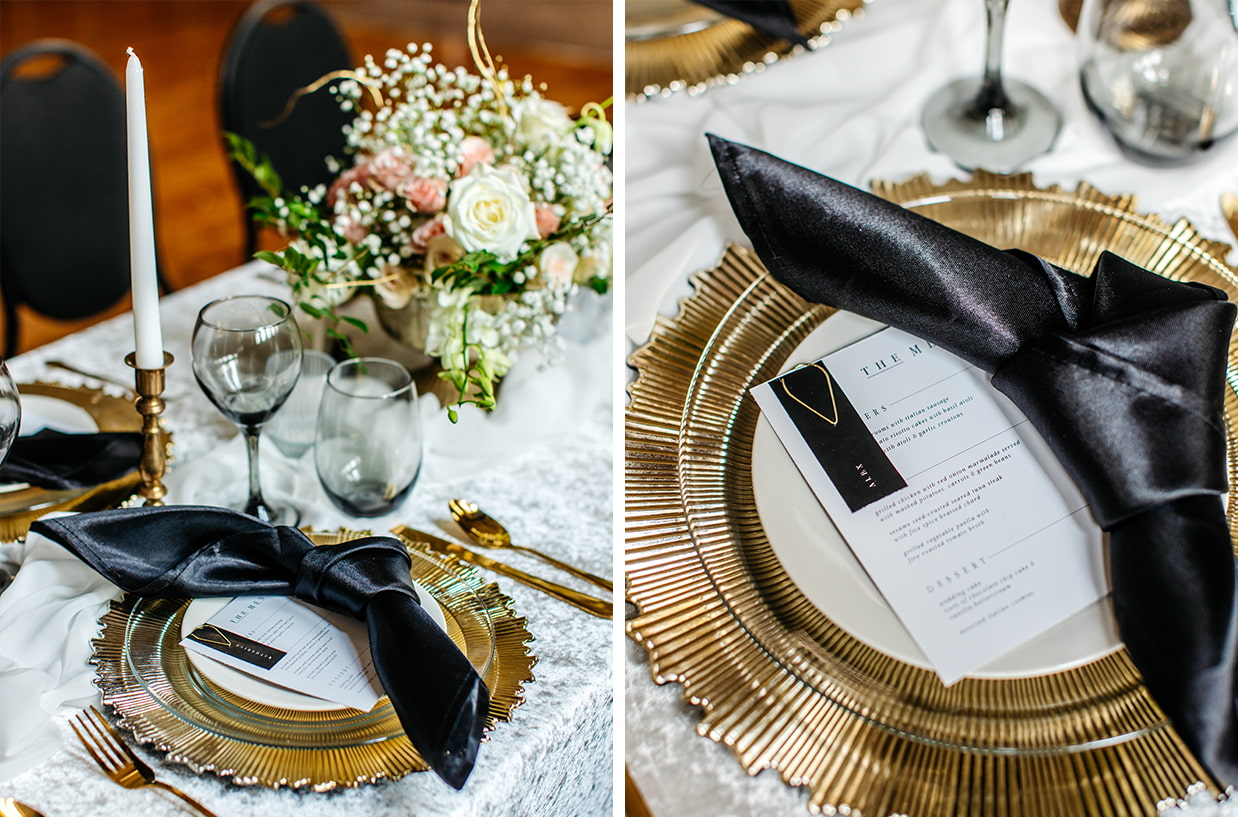 black and gold personalized wedding menu on wedding reception table