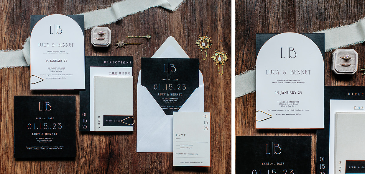 Modern black and white wedding invitation suite with celestial earrings