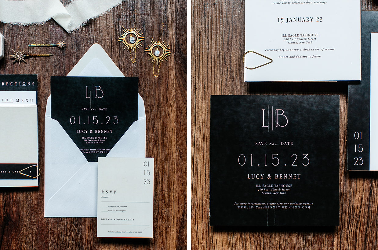 Modern black and white wedding invitation suite