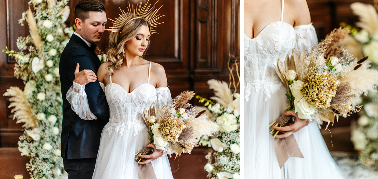 Bride and groom stand in front of Calla Lilly and pampas grass floral installation while holding a bouquet of dried flowers