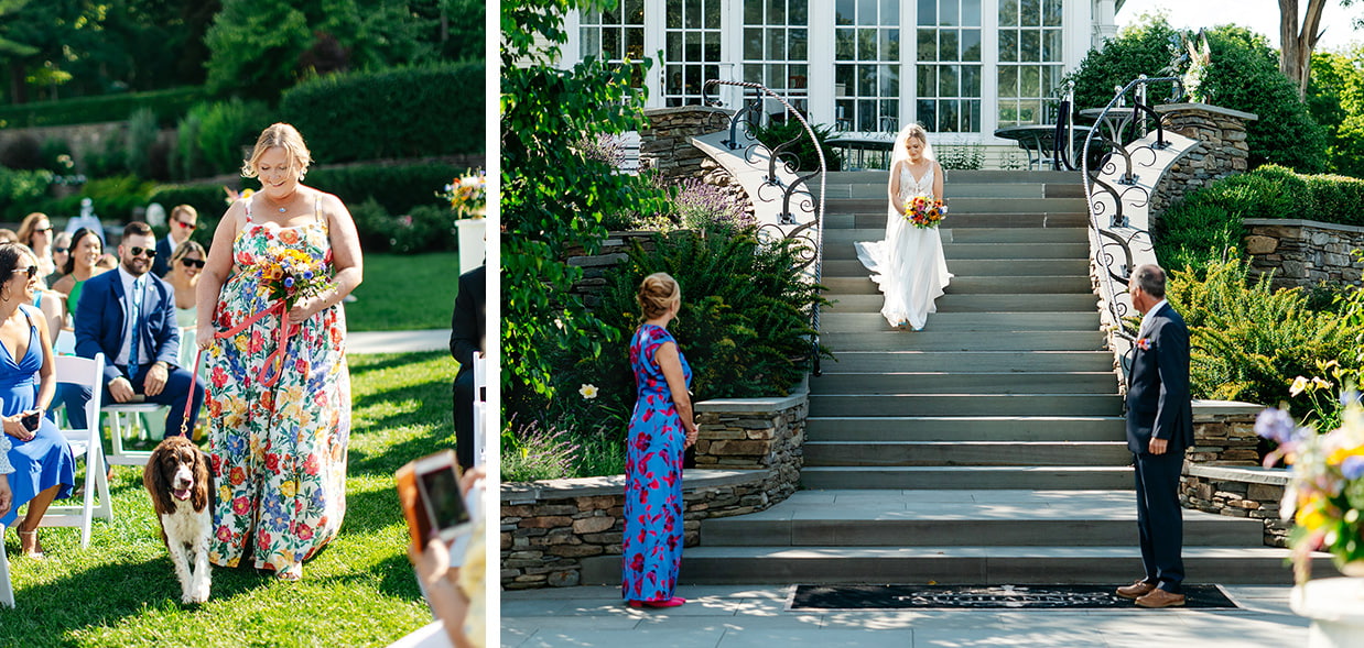 Maid of Honor in colorful floral dress walks dog down the aisle at wedding while the bride walks down the grand staircase at The Inn at Taughannock Falls in Trumansburg, NY