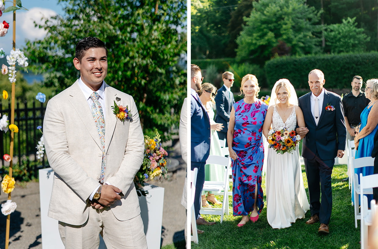 Groom smiles as bride walks down the aisle during their colorful summer wedding at The Inn at Taughannock Falls