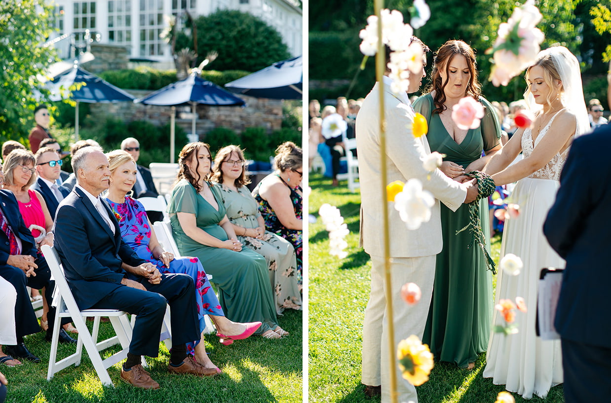 Bride and groom have their hands tied during handfasting ceremony at The Inn at Taughannock