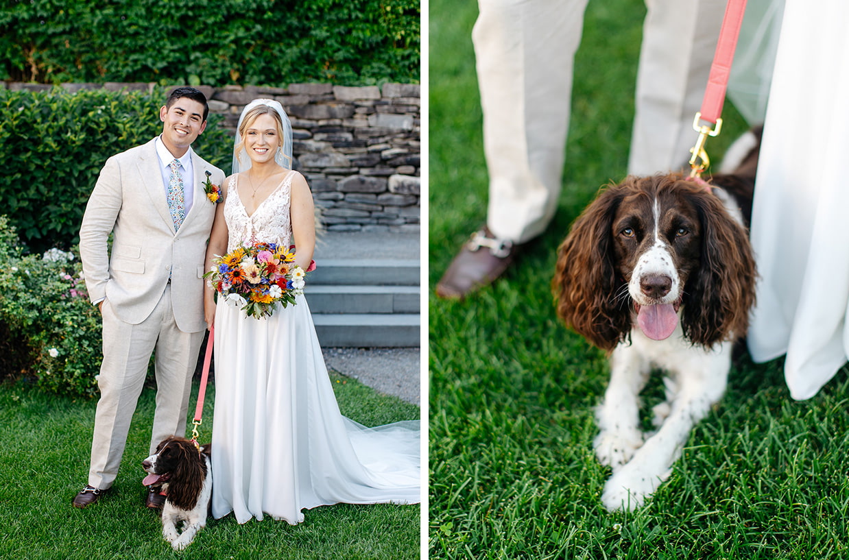 Bride and Groom pose for a photo with their cocker spaniel