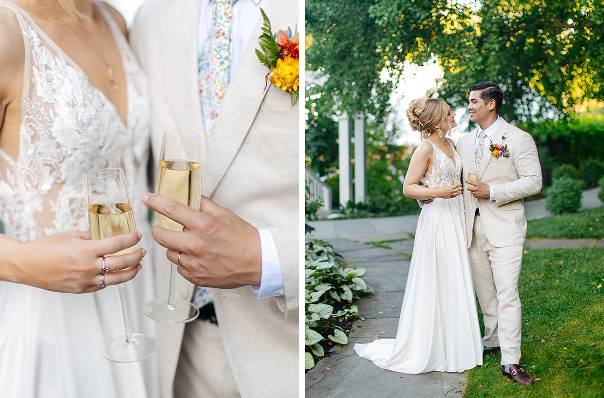 Bride and groom toast with champagne glasses after their ceremony at The Inn at Taughannock Falls in Trumansburg, NY