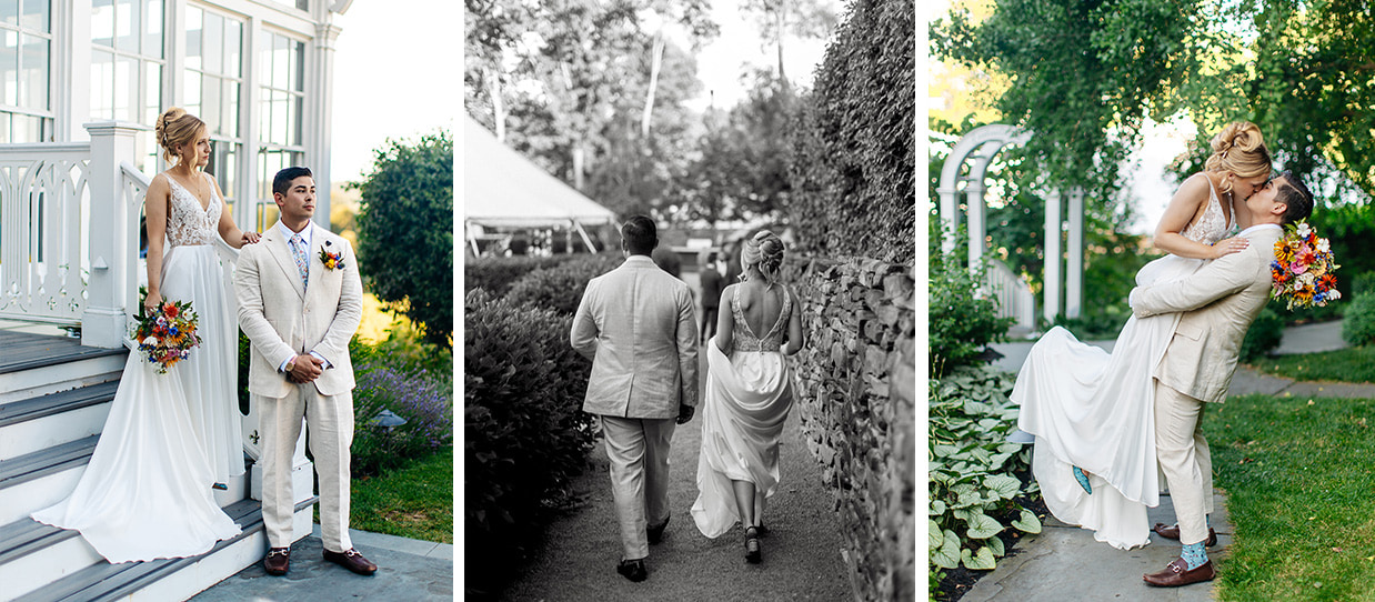 Bride and groom pose for photos in various locations on the grounds of The Inn at Taughannock Falls in Trumansburg, NY